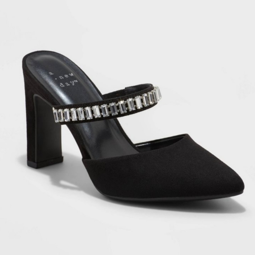 Jaz Slip On Mule Pumps Crystals 1.75" Block Heel Black Size 6.5 - A New Day
